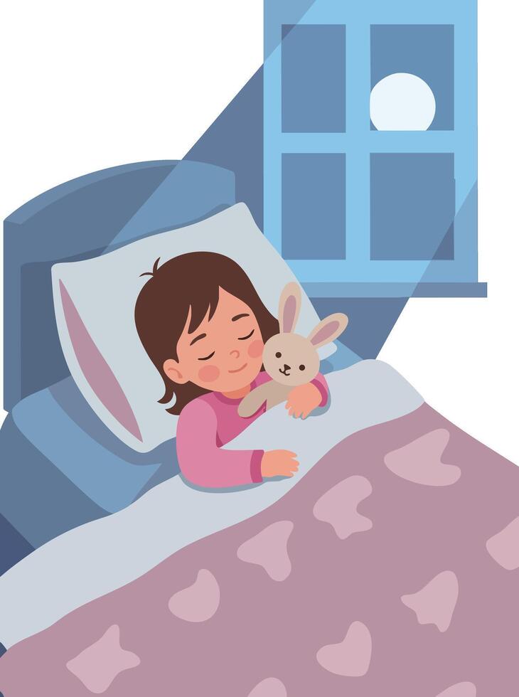 Child sleeping peacefully in bed hugging stuffed bunny at night illustration vector