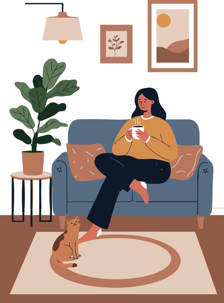 Woman Relaxing on Sofa with Cat and Indoor Plant in Cozy Living Room Interior Design vector