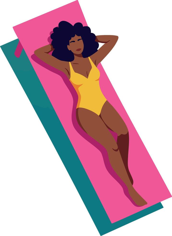 Woman in yellow swimsuit sunbathing on pink and teal beach towel relaxing illustration vector