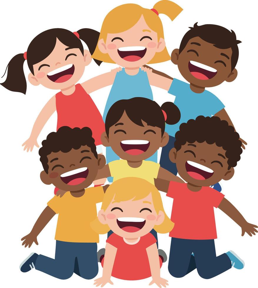 Group of diverse happy children laughing together in joyful playtime outdoors illustration vector