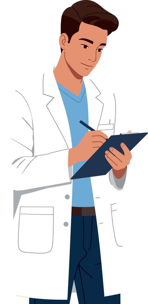 Young male doctor in white coat writing on clipboard medical professional illustration vector