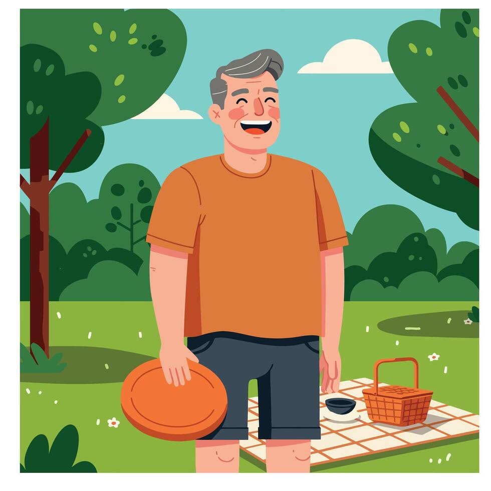 Man enjoying outdoor picnic holding frisbee in green park under blue sky vector