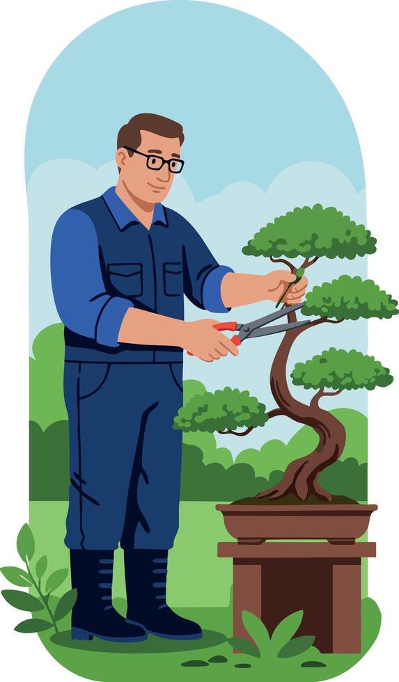 Man trimming bonsai tree with shears in garden peaceful gardening activity vector