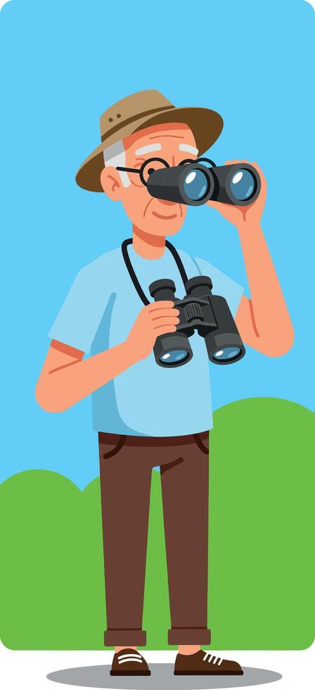 Elderly man birdwatching with binoculars wearing hat and casual clothes outdoors vector