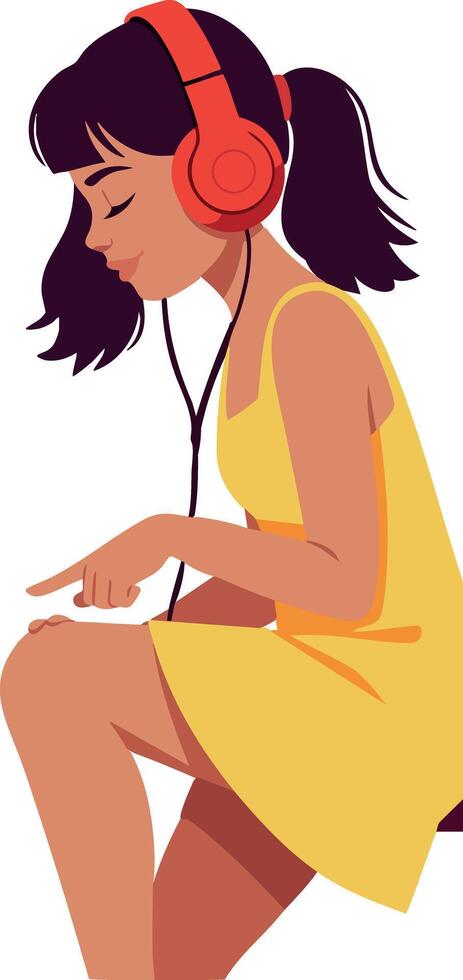 Young woman wearing red headphones listening to music in yellow dress illustration vector