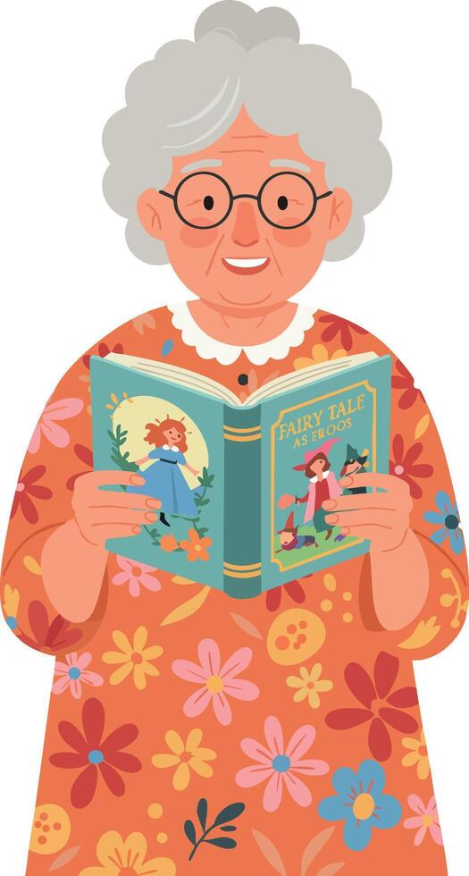Elderly woman reading colorful storybook in floral sweater illustration vector