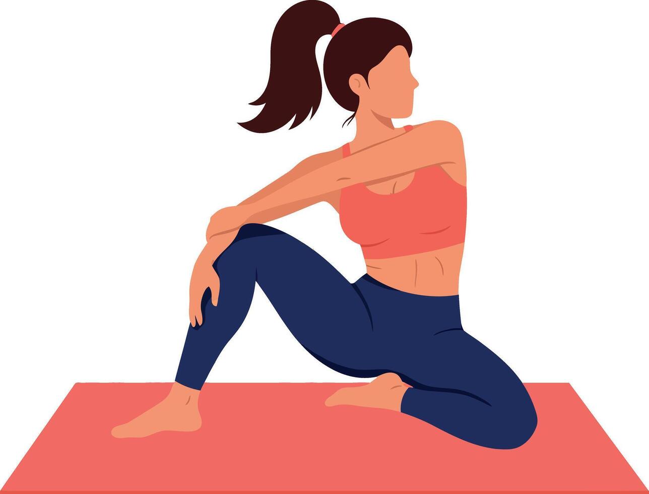 Woman practicing seated yoga twist pose on red mat in activewear illustration vector
