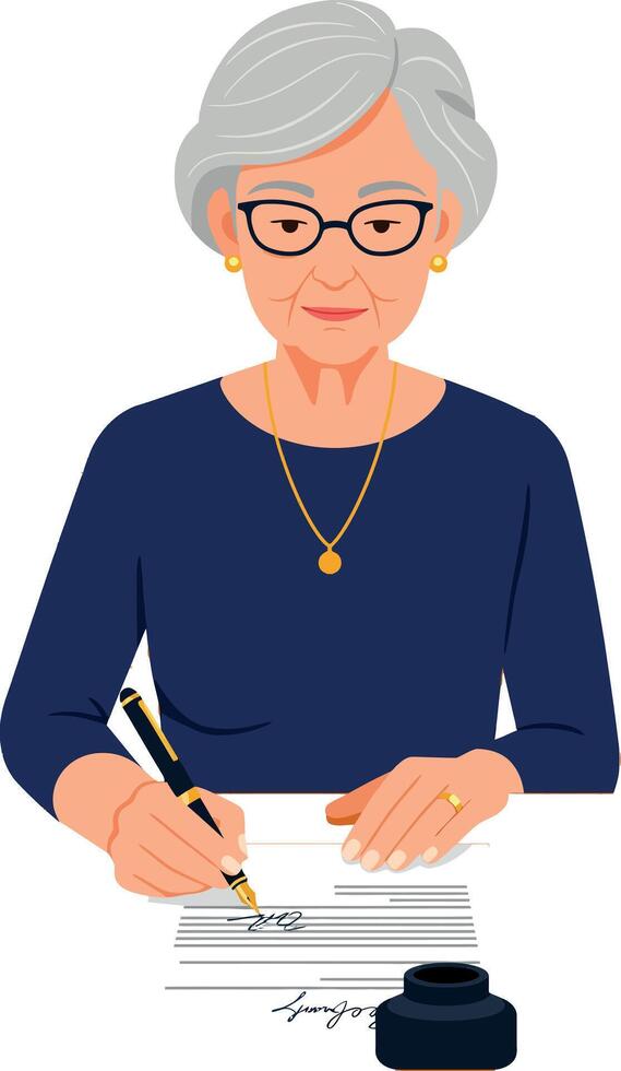 Elderly woman writing letter with pen and ink in calm setting illustration vector
