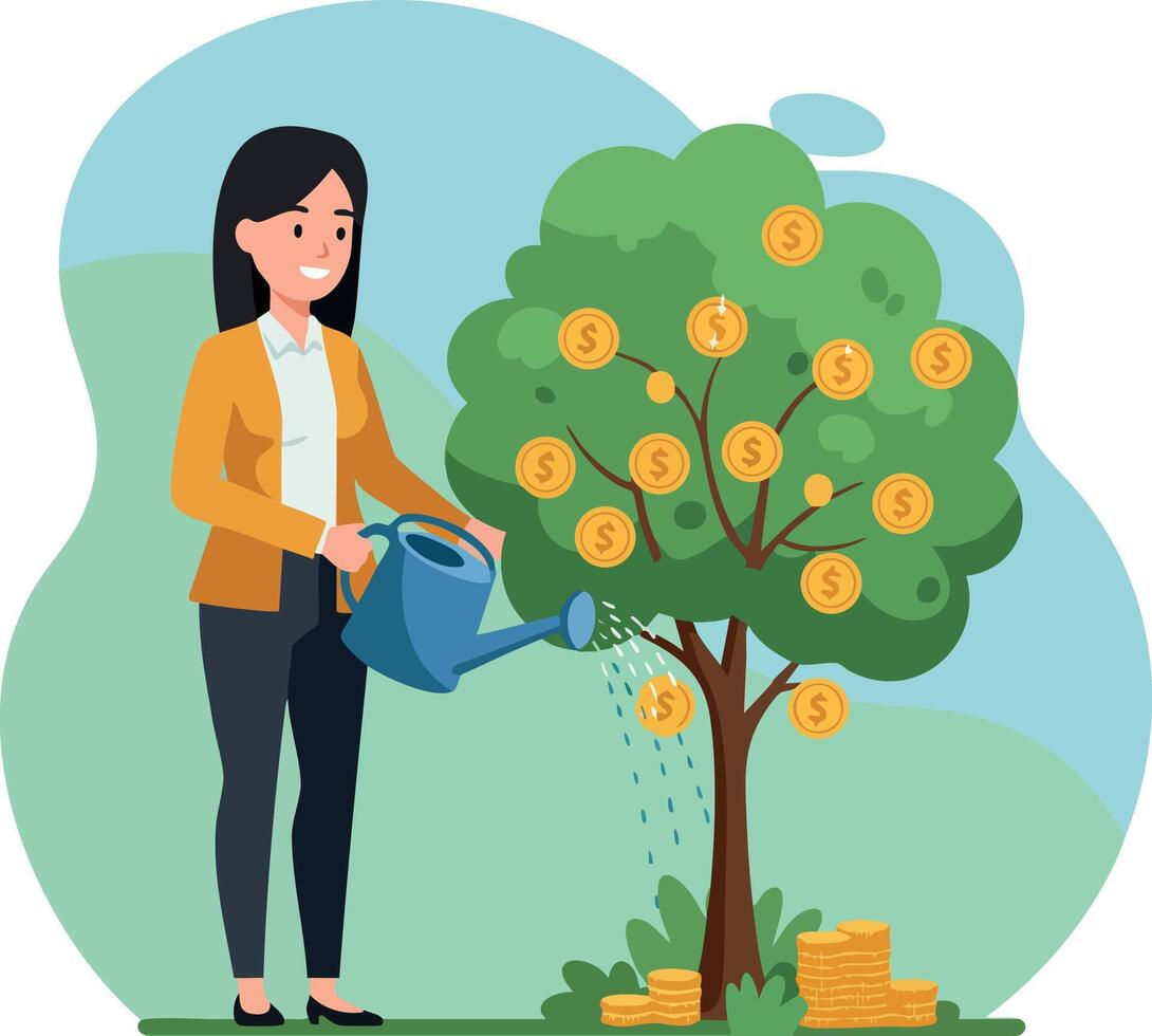 Woman watering money tree with golden coins and growing wealth concept illustration vector