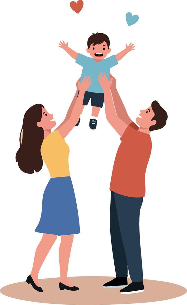 Happy family playing with child father mother lifting son with love hearts illustration vector