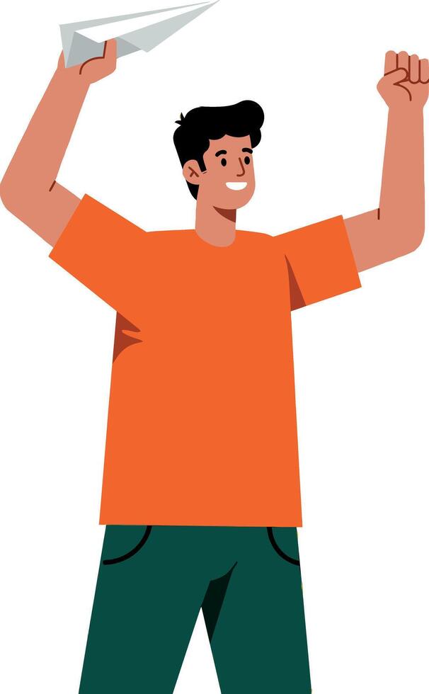 Young man throwing paper airplane in orange shirt and green pants illustration vector