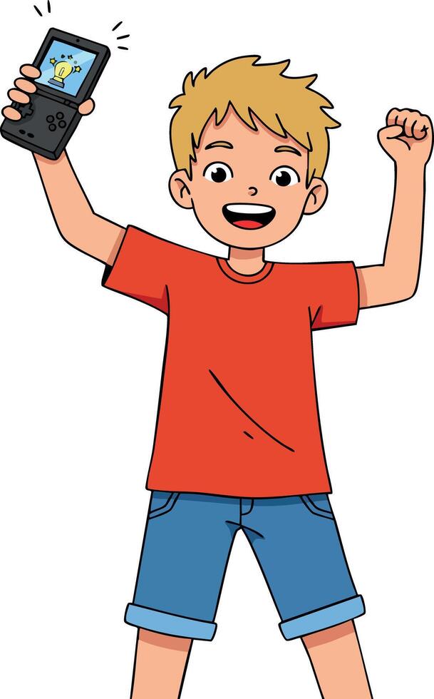 Excited boy holding handheld gaming console wearing red shirt and blue shorts illustration vector