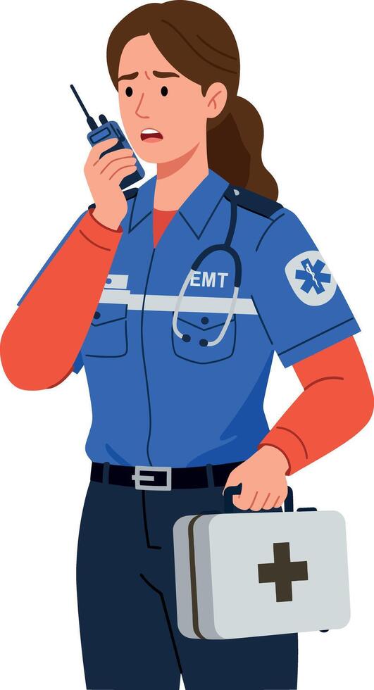 Emergency medical technician woman in uniform holding radio and first aid kit illustration vector