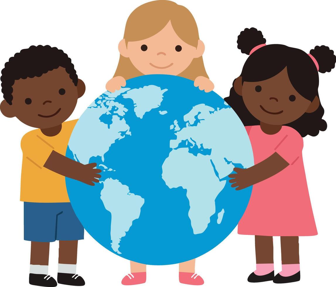 Children Holding Earth Globe Together Symbolizing Unity and Diversity in World Peace Illustration vector