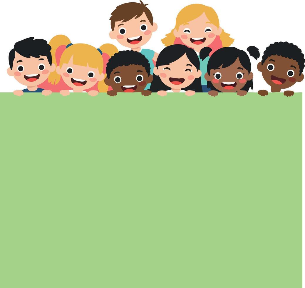 Diverse group of happy children peeking over green banner smiling cheerful illustration vector