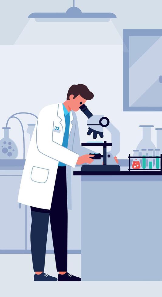 Scientist examining sample under microscope in laboratory setting illustration vector