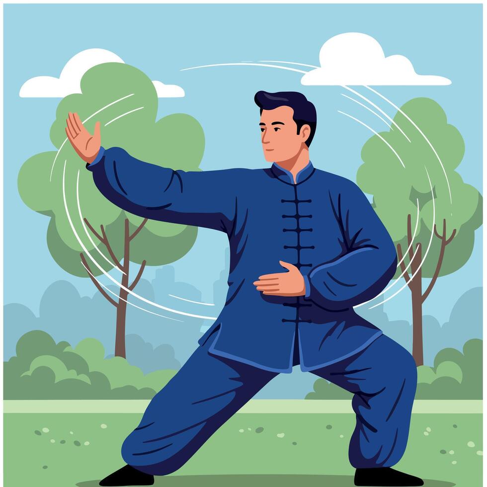 Man practicing tai chi martial arts exercise outdoors in blue traditional outfit vector