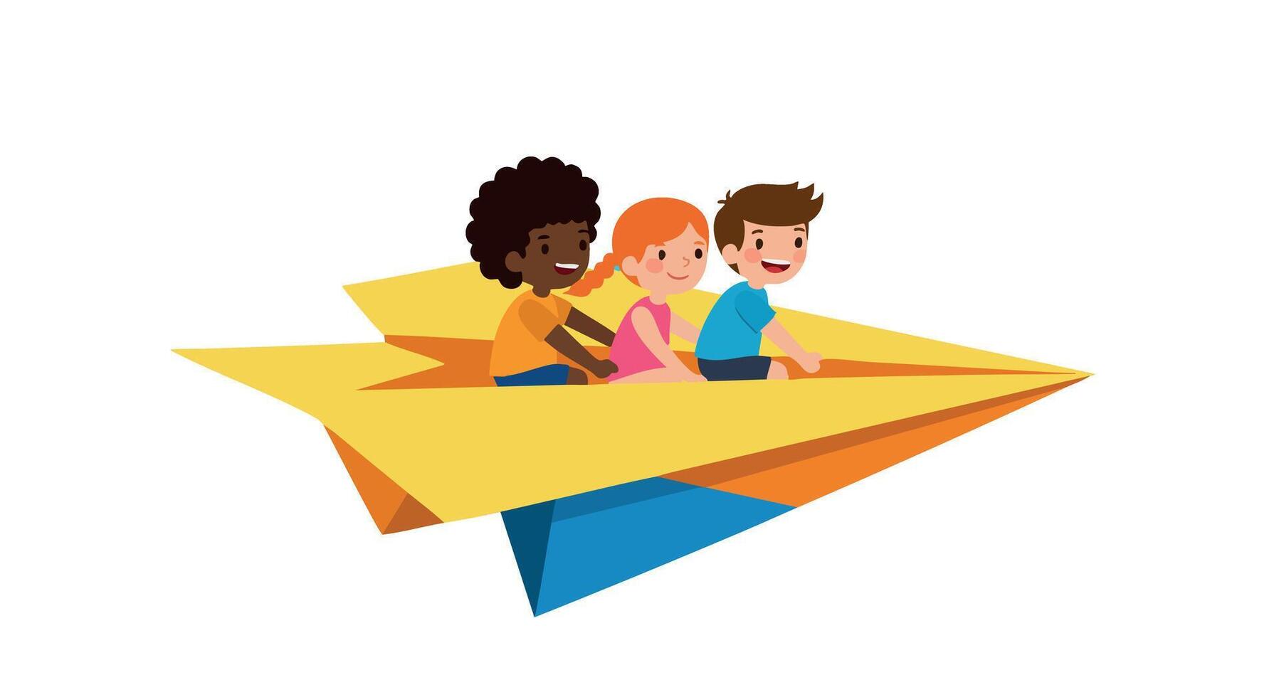 Children Flying on Paper Airplane Illustration with Diverse Kids Playing Together vector