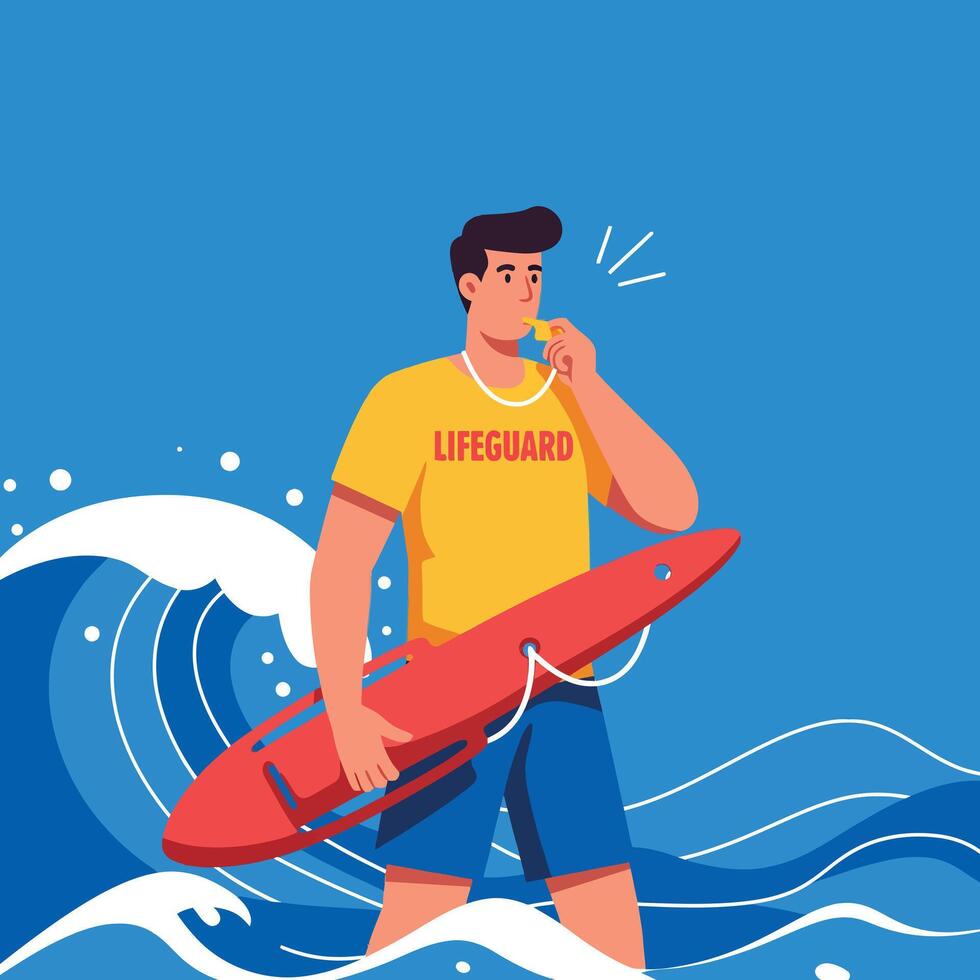 Male lifeguard with red rescue board blowing whistle at sea waves illustration vector