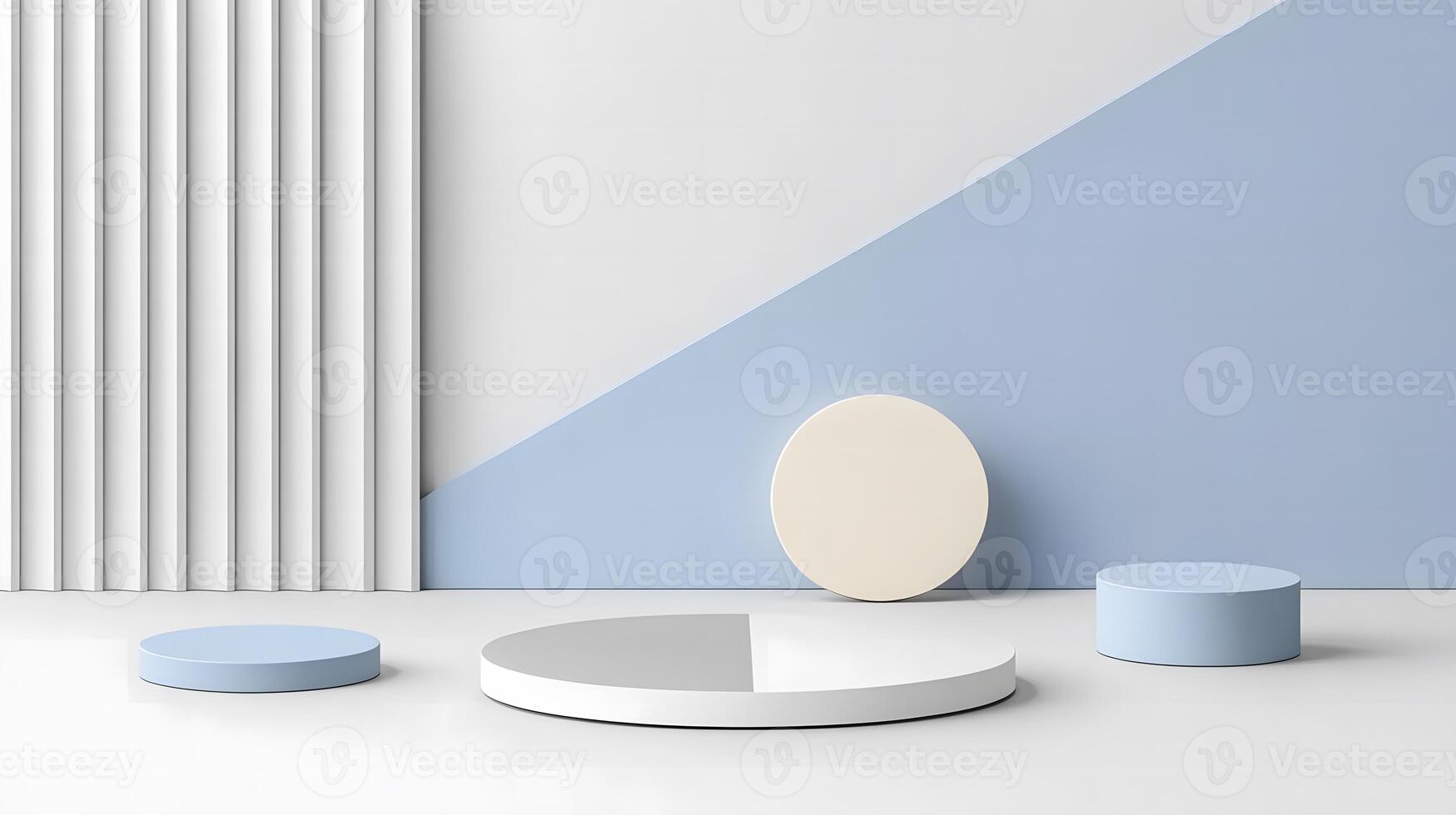 Minimalist Display with Geometric Shapes and Soft Color Palette in Modern Interior, Featuring Circles and Rectangles Against Light and Cool Tones photo