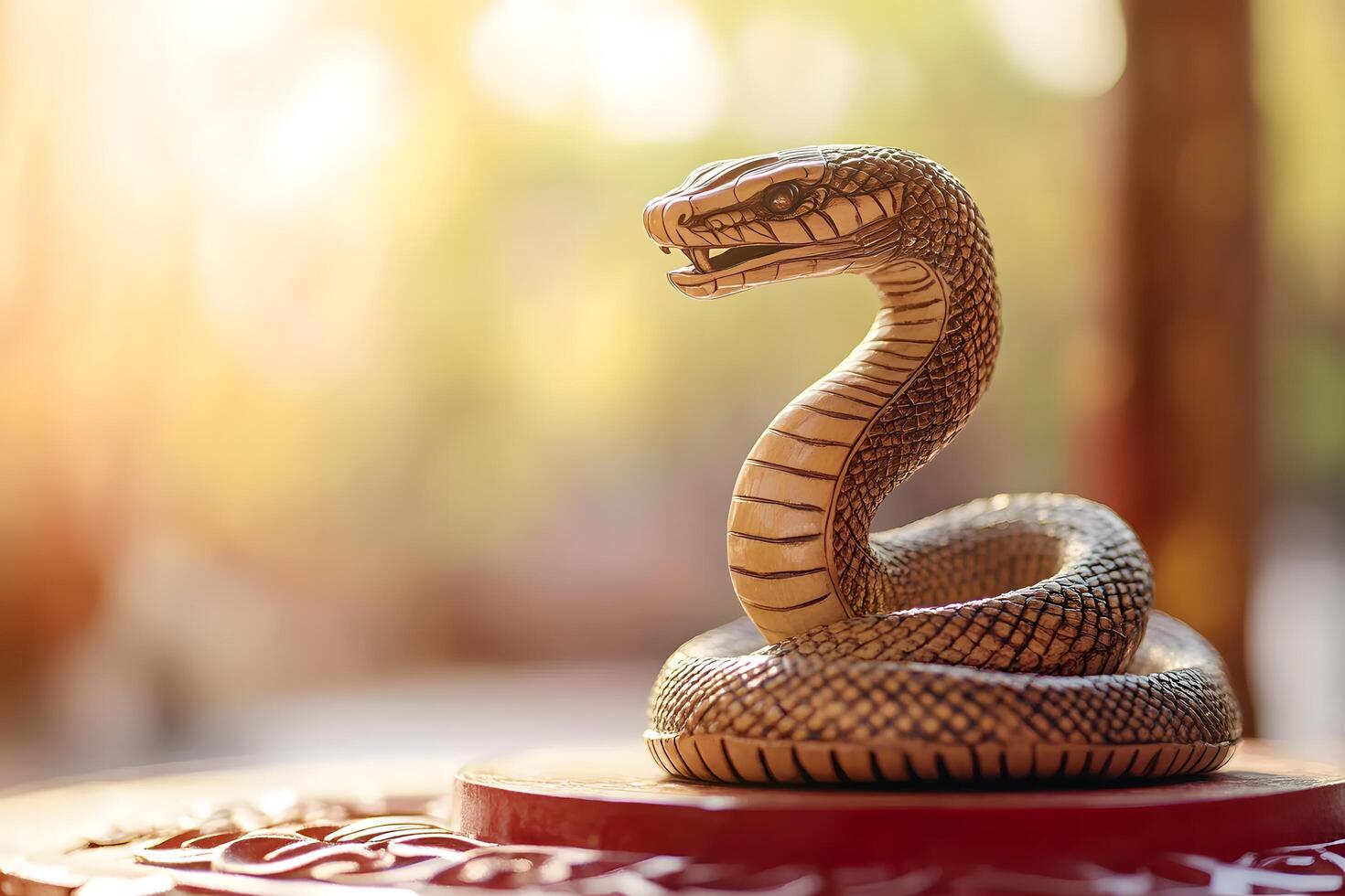 Exquisite Carved Cobra Sculpture Displayed in Natural Light with Soft Focus Background Creating an Artistic and Serene Atmosphere photo