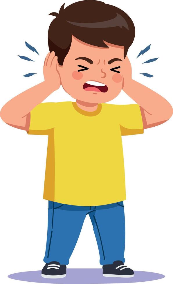 Boy covering ears in yellow shirt expressing frustration illustration vector