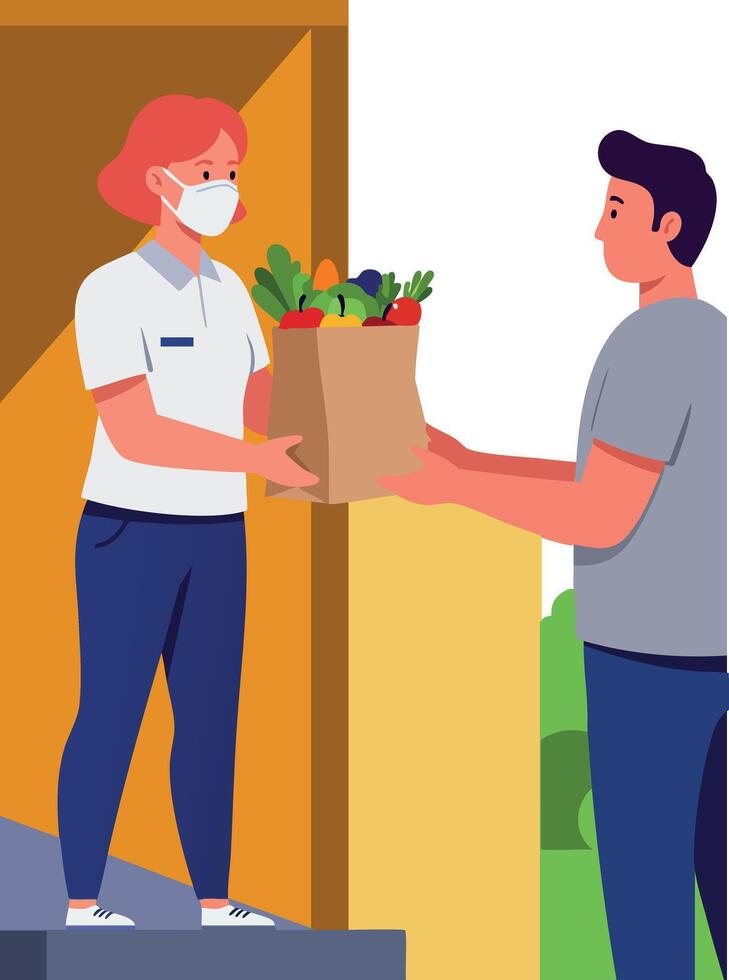Woman delivering groceries to man doorstep wearing face mask illustration vector