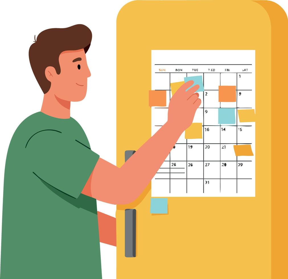 Man organizing calendar with sticky notes on yellow fridge door daily planning vector