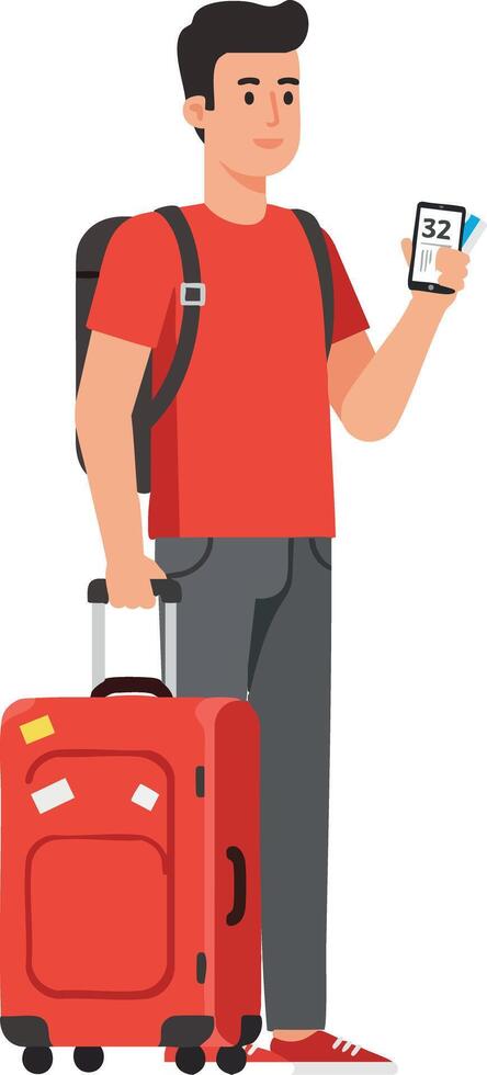 Young man traveler with red suitcase holding boarding pass illustration vector
