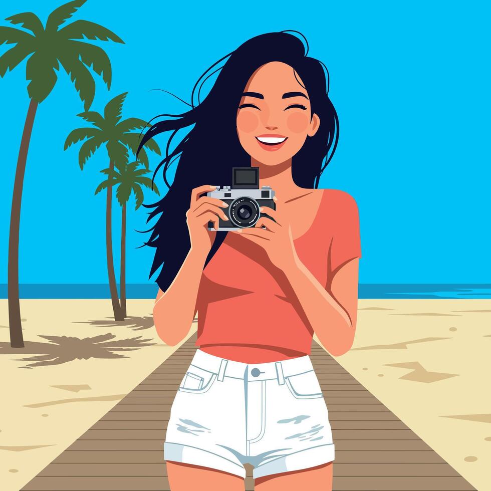 Young woman with camera on beach boardwalk summer vacation lifestyle illustration vector