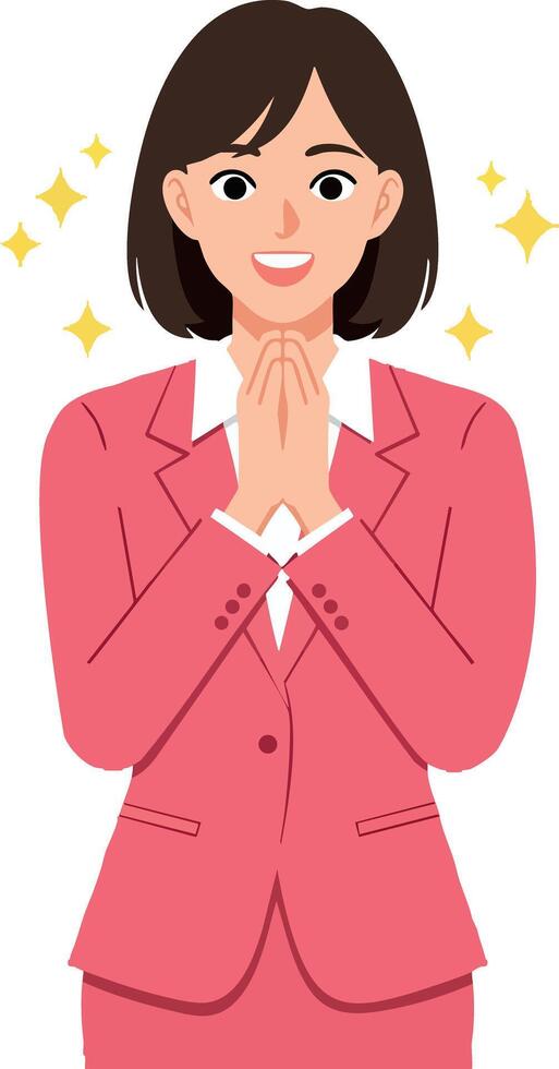 Businesswoman in pink suit with sparkling stars showing gratitude and happiness illustration vector