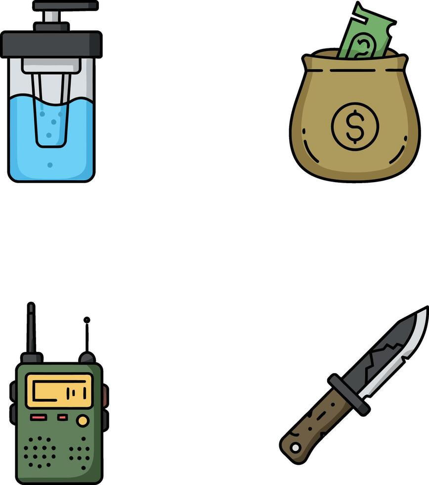 Hand sanitizer bottle money bag radio knife icons set illustration vector