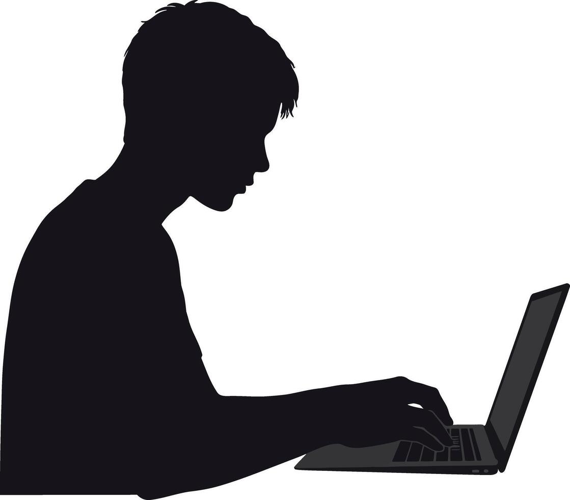 Silhouette of Young Man Working on Laptop Computer in Profile Illustration vector