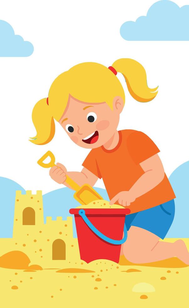 Girl building sandcastle on beach with red bucket and yellow shovel in summer sun vector