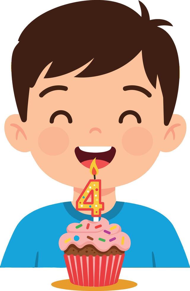 Boy Celebrating Fourth Birthday with Cupcake and Candle in Blue Shirt Illustration vector