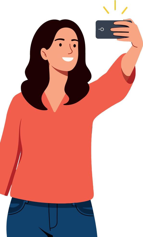 Young woman taking selfie with smartphone in casual red top smiling illustration vector
