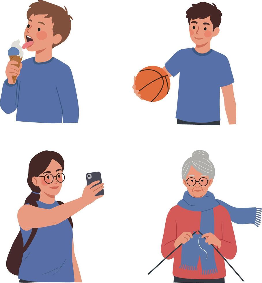 Diverse people enjoying hobbies eating ice cream playing basketball taking selfies and knitting illustration vector