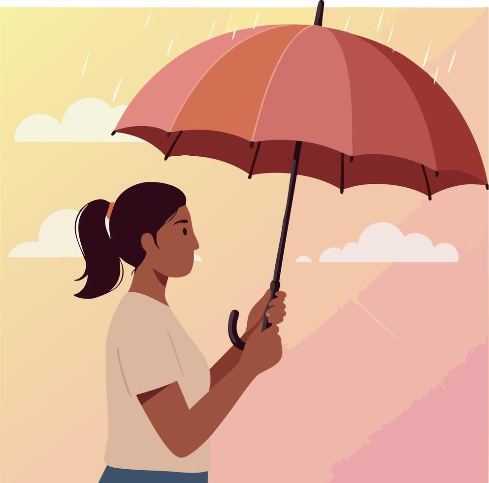 Woman holding red umbrella in rainy weather with sunset background illustration vector