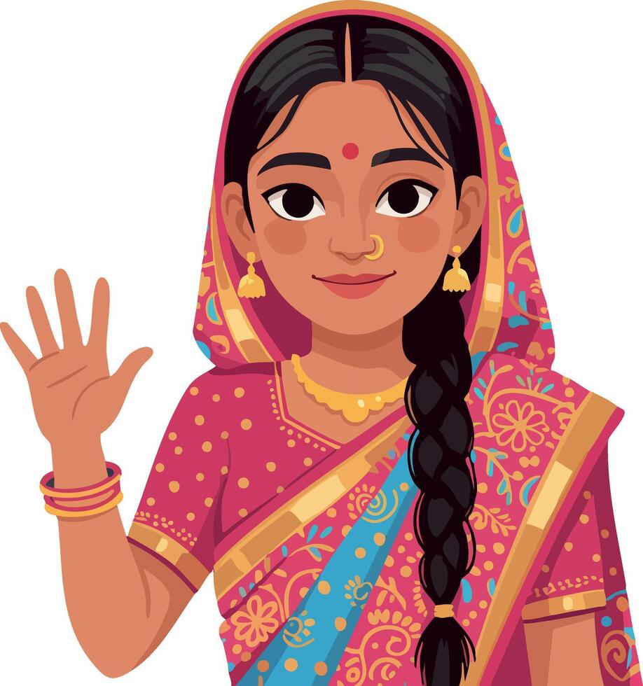 Indian Woman Wearing Traditional Saree and Jewelry Waving Hand Illustration vector