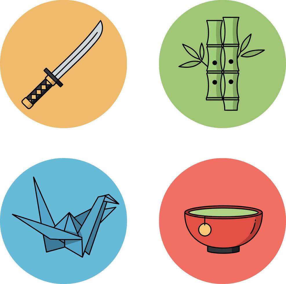 Japanese cultural icons katana bamboo origami crane tea bowl in colorful circles illustration vector