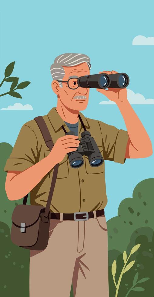 Elderly man birdwatching with binoculars in outdoor nature setting illustration vector