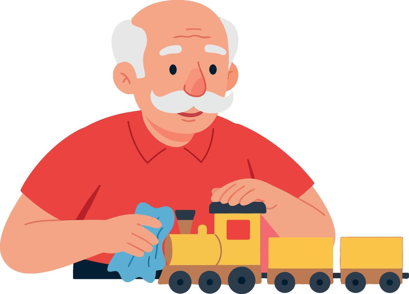 Elderly man cleaning yellow toy train with cloth illustration vector