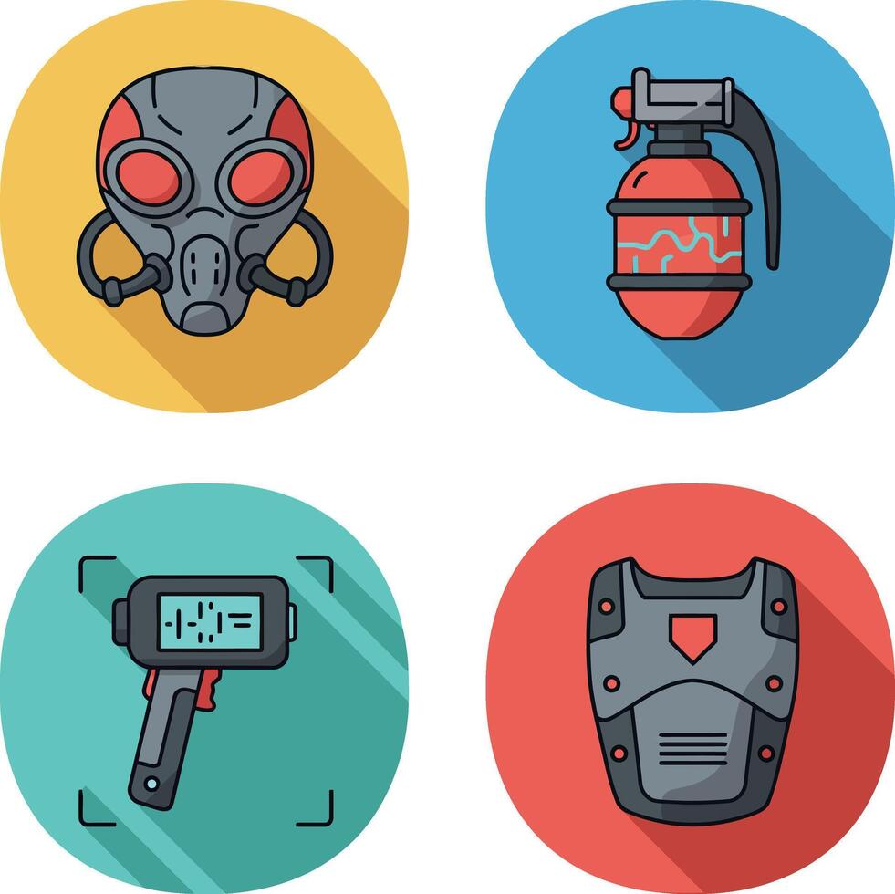 Gas mask fire extinguisher infrared thermometer body armor flat icons set vector