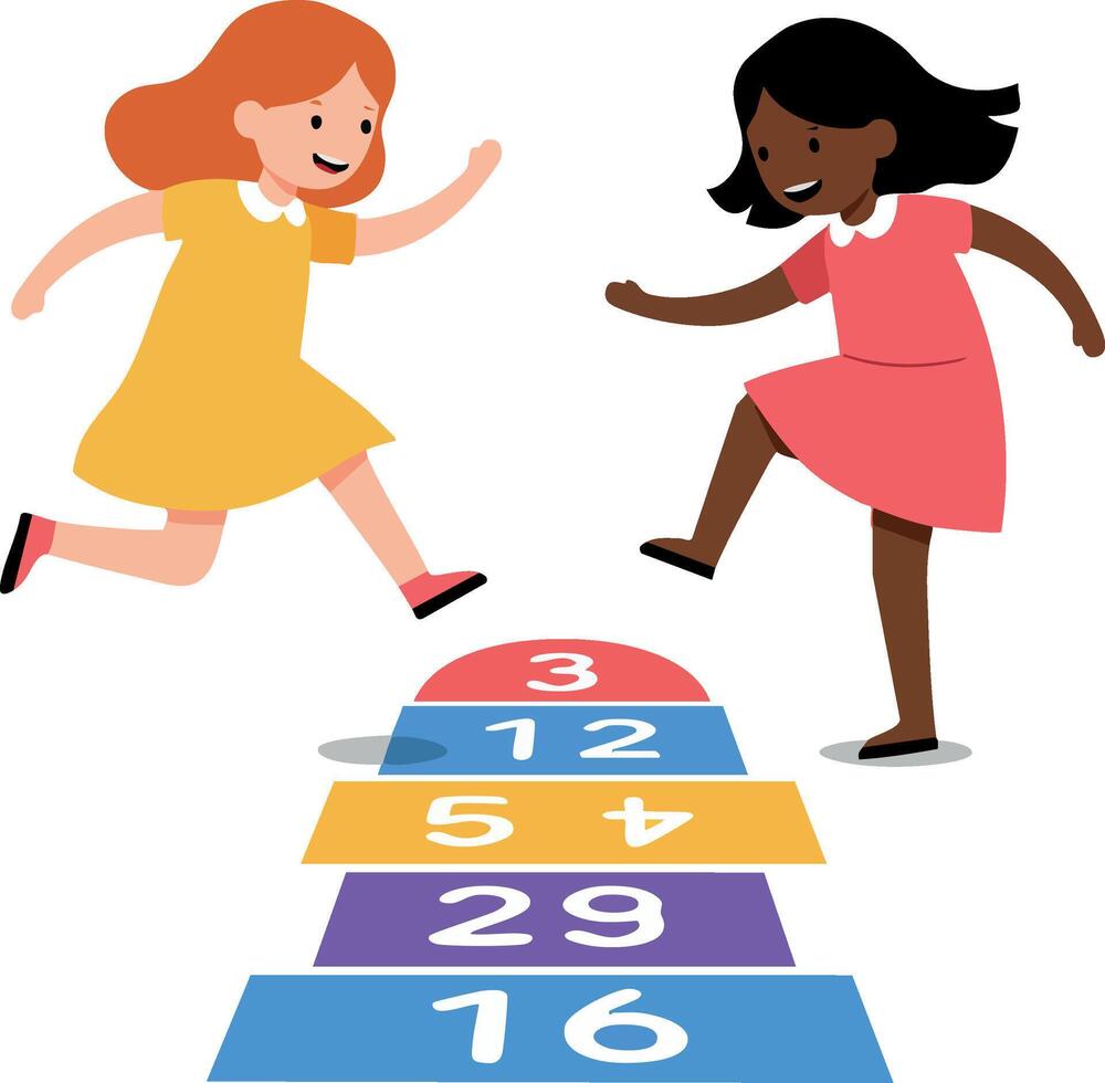 Children playing hopscotch game with colorful numbered squares and joyful expressions illustration vector
