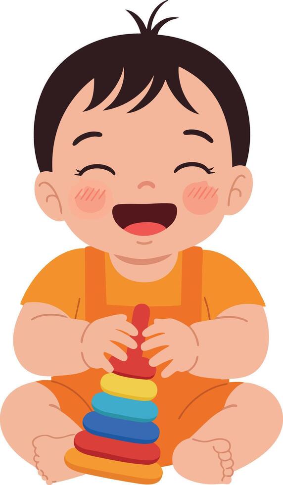 Happy baby playing with colorful stacking toy illustration smiling infant joy vector