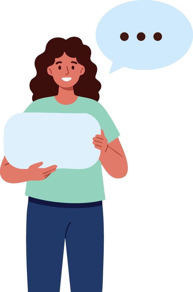 Woman holding blank speech bubble with three dots illustration design vector
