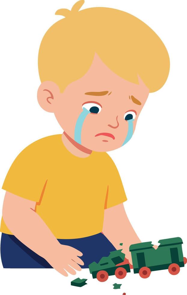 Crying boy with broken green toy train sitting sad in yellow shirt illustration vector