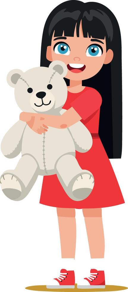 Girl holding white teddy bear smiling in red dress and red shoes illustration vector