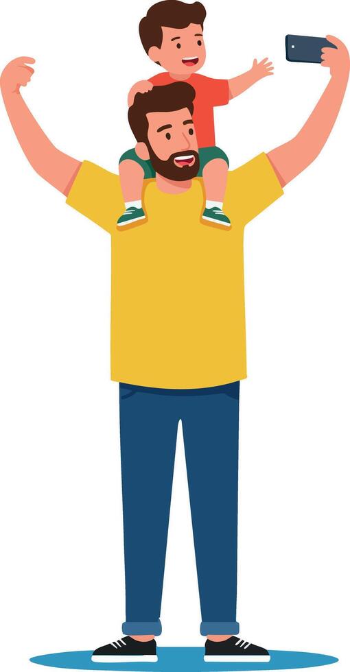 Father and son taking selfie together smiling and having fun illustration vector