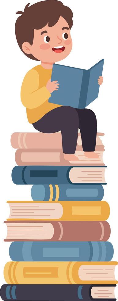 Boy Sitting on Stack of Books Reading Educational Storybook Illustration vector